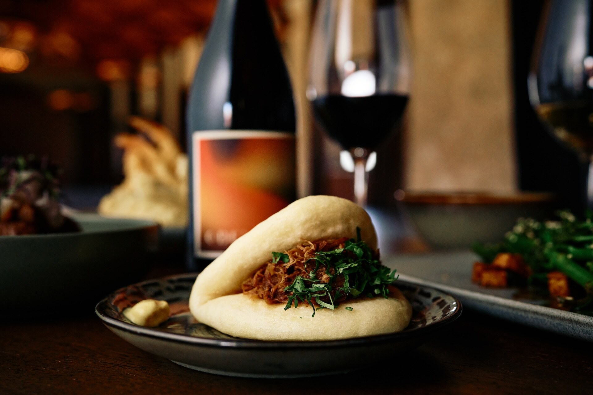 Bao bun and ODE red wine at the Cellar Door.