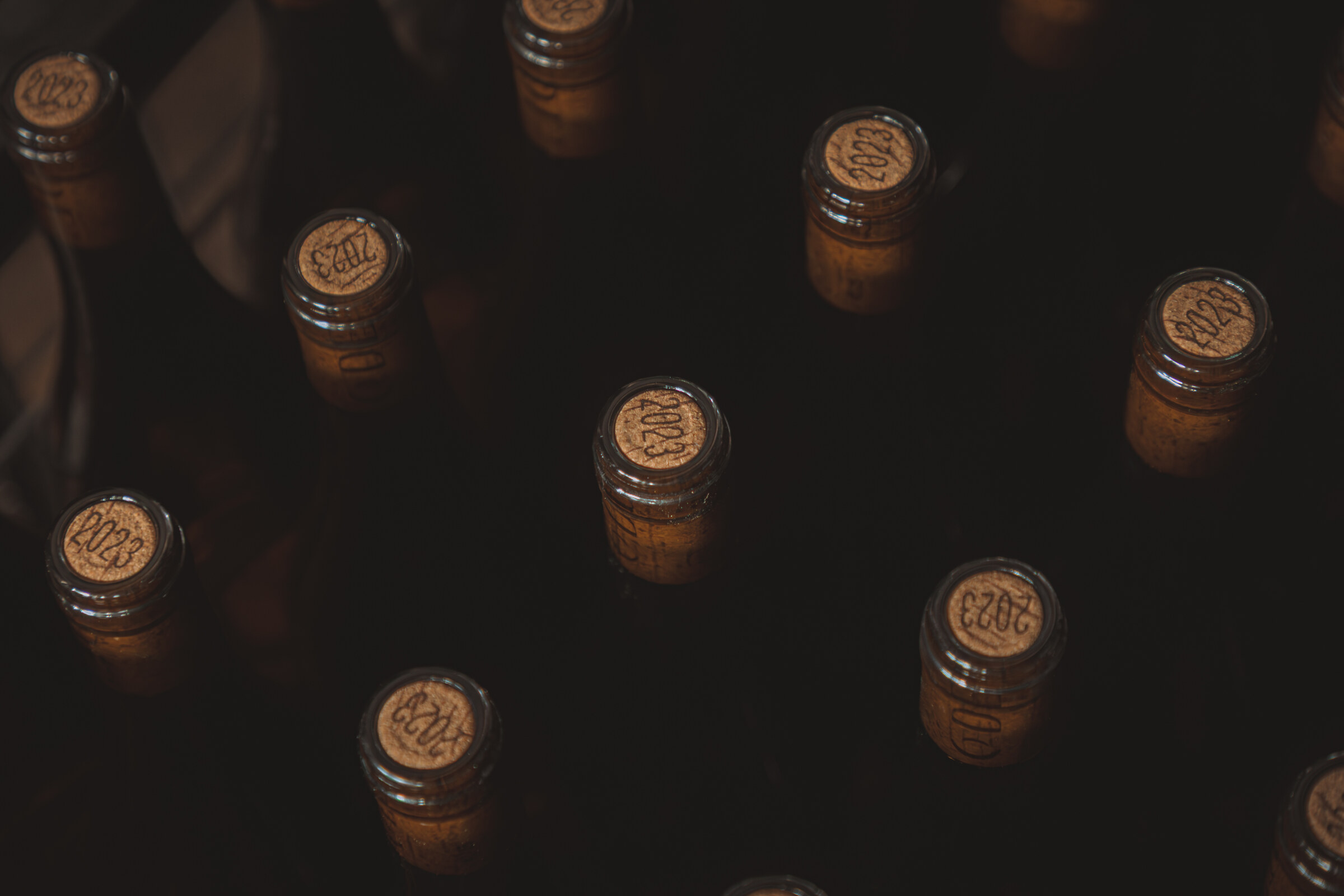 Freshly corked ODE 2023 bottles.